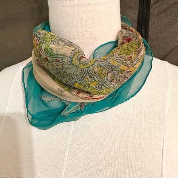 Vintage Women's Scarf Silk Handmade Green Multicolor Scarves Wraps Floral Soft - Picture 2 of 7